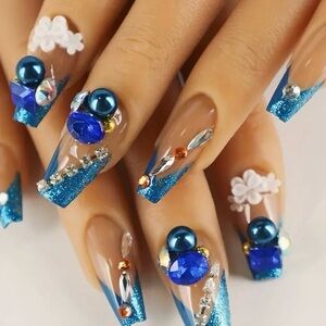 24 pieces Brilliant Blue Ballerina False Nails - Handmade FrenchTip with Delicat